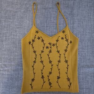 Laundry Mustard Yellow Floral Camisole ribbed spaghetti straps embroidered SMALL